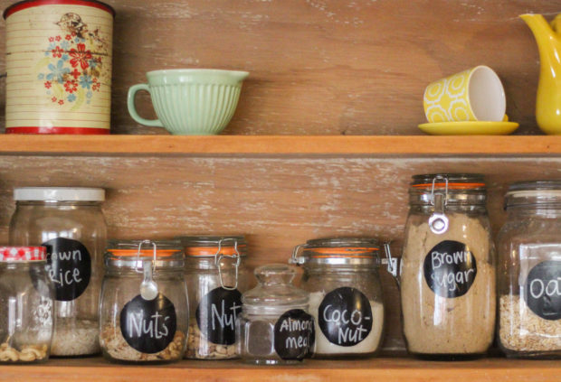 closeup of vintage Kitchen Hutch with baking ingredients