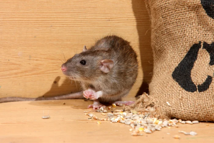 Closeup of a norway rat eating grains from a chewed sack