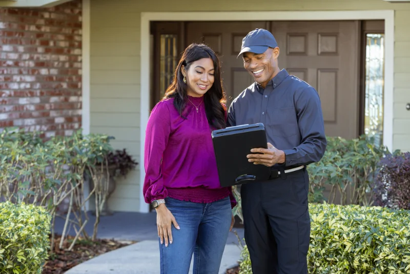 A Valley Pest technician talking to a homeowner in Modesto CA.